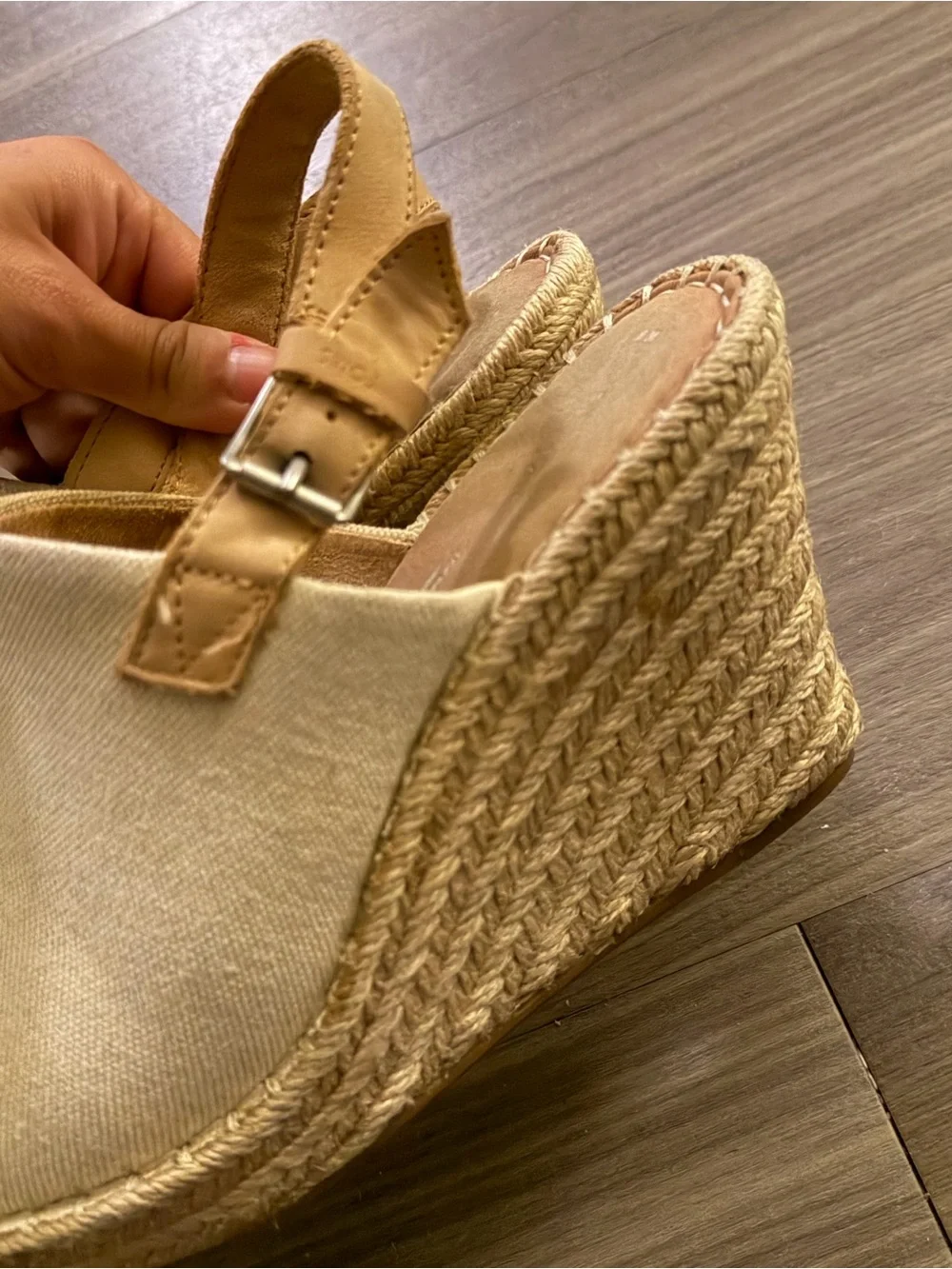 Toms Cream Canvas Wedge Espadrilles with Tan Strap